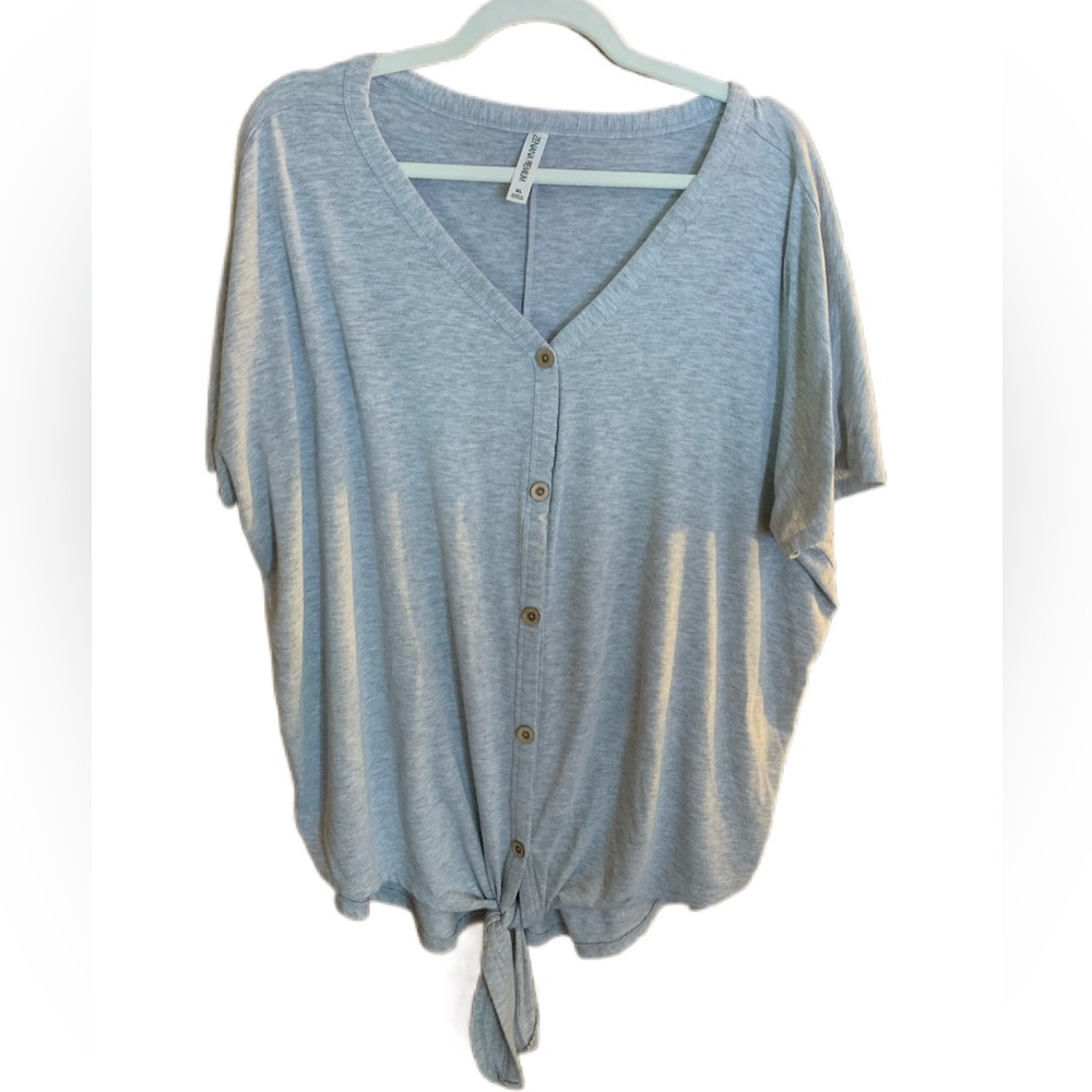 Heather Grey Button Down V Neck w/ Front Knot
